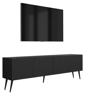 Produktbild von TV-Schrank mit geriffelte Fronten, Mattschwarz, schwarze, schräge Beine, 170 × 32 × 52 cm