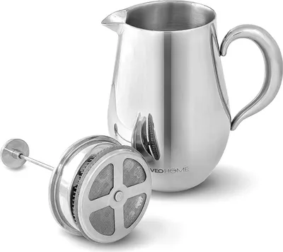 A silver French press coffee maker and its plunger are shown against a white background.