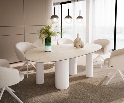 Produktbild von DELIFE Esstisch Edge Oval 220x120 Keramik Laminam®Travertino Bianco Creme-Weiß ?Pilier Metall Weiß
