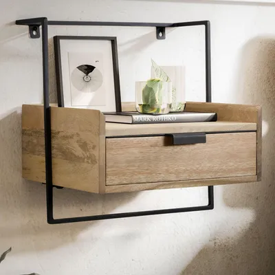 Immagine prodotto di Tavolino da notte da montare a parete in legno massello, color marrone chiaro, con cassetto – comodino sospeso con spazio contenitivo per la camera da letto