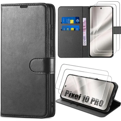 Image de Coque + 2 Verres Trempés pour Google Pixel 10 Pro, Protection Flip Case Anti-Rayures Antichoc Synthécuir - Noir