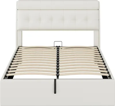 Immagine prodotto di Letto imbottito, 140 x 200, letto idraulico, contenitore per rete, PU, con rete a doghe e con testiera, senza materasso, bianco