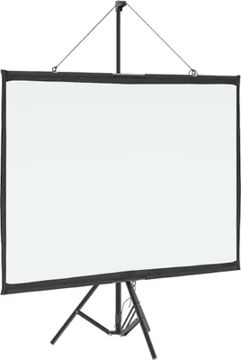 A white projection screen on a tripod stand.