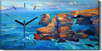 Produktbild von Wanduhr Leinwand Bild Uhr Geräuschlos 60x30 Monet Dekoration Klippen und Ozean - schwarze Hände