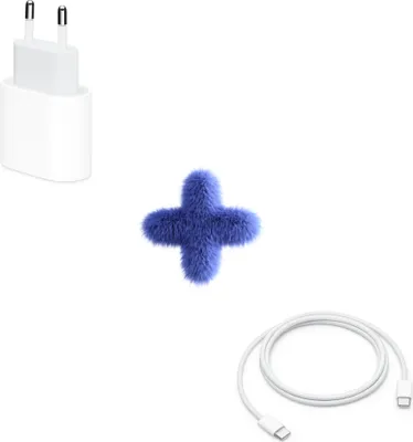 A white background with a white USB-C charger and a white USB-C cable, separated by a blue fluffy plus sign.