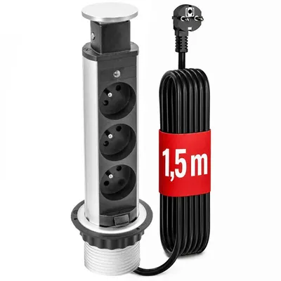 Produktbild von STOLMET Tower Power Silber Tischsteckdose versenkbar, 3x Typ E mit Erdungsstift, 2 m Kabel, Mehrfachsteckdose für Tischplatte Küche Büro Komplett