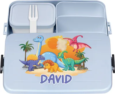 Produktbild von Personalisierte Brotdose mit Namen Große Isolierte Bento Box Praktische Mahlzeitenaufbewahrung für Jungen mit bunten Kindermotiven Dinosaurs [087]