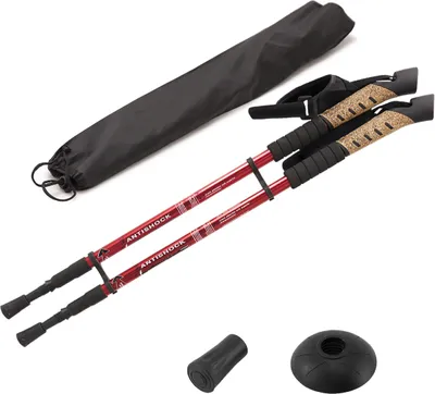 Produktbild von MidGard Nordic Walking Stöcke, Teleskop Antischock Wanderstöcke aus Aluminiumlegierung mit Korkgriff & Dämpfung verstellbar in der Länge 70-135 cm Rot