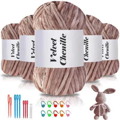 Produktbild von Samt Chenille Garn 500g (5x100g) Grau Häkelgarn Strickgarn Plüschgarn