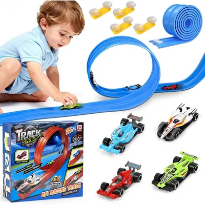 Productafbeelding van Racebaan voor speelgoedauto's - Autorenbaan voor 1:64-modellen - 3,9 meter - 4 raceauto's - 4 verbindingsstukken - 12 zuignappen