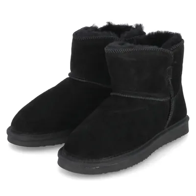 A pair of black winter boots shown from a slightly elevated side angle against a white background.