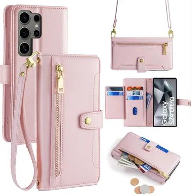 Produktbild von Handykette Samsung Hülle mit Band Handyhülle Kartenfächer Kunstleder Umhängetasche Galaxy S24 Ultra Rosa
