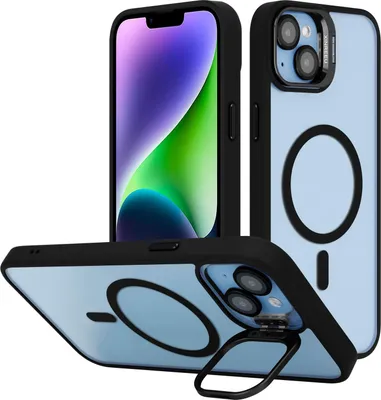 Image de Cadorabo Housse pour Apple iPhone 15 en NOIR compatible avec MagSafe et fonction de support, y compris protection de la lentille de l'appareil photo - Housse de protection hybride avec bord en silicone TPU et dos stable