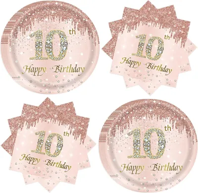 Imagen del producto de Juego de vajilla de papel, 20 platos y 20 servilletas, color rosa dorado, ideal para fiestas de cumpleaños infantiles