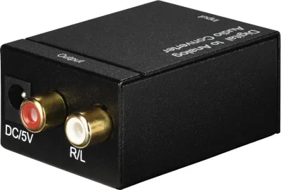A black digital to analog audio converter with RCA connectors and a DC power input.
