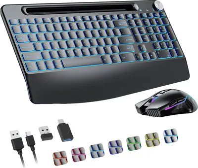 A black wireless keyboard and mouse set with RGB lighting, along with various USB adapters and colorful keycaps, displayed on a white background.