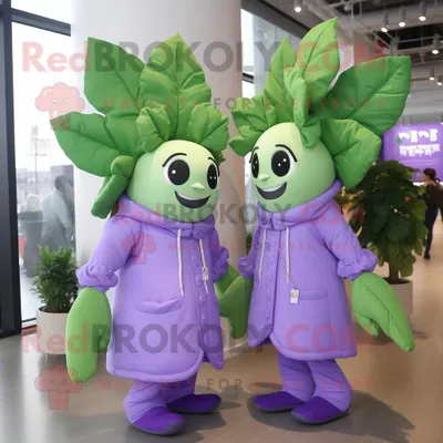 Obrázok produktu pre Kostýmová postava REDBROKOLY, maskot Levandule Beanstalk, oblečená v bunde typu "windbreaker" a taške cez rameno