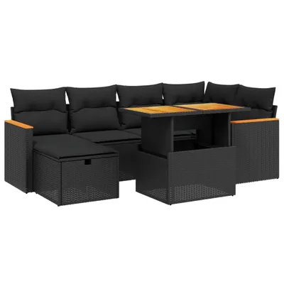 Image de vidaXL Ensemble de salon de jardin 7 pièces avec coussins noir poly rotin
