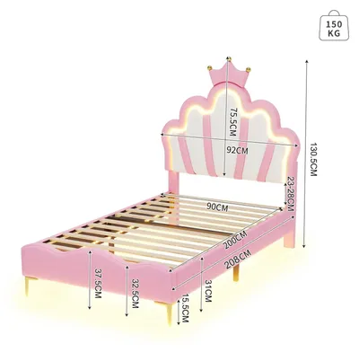 Produktbild von Kinderbett - Einzelbett 90x200 cm - LED Beleuchtung - Gepolstertes Bett - Verstellbares Kopfteil - Mit Lattenrost - Ohne Matratze - Rosa