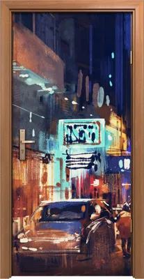 Produktbild von Türposter 90x200 cm Türaufkleber Türtapete Türfolie Klebefolie Stadt Straße Gebäude Baum Nacht