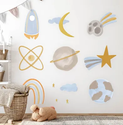 Produktbild von Illustration von Weltraumplaneten – Wandgestaltung – Wandbilder Kinder – Motivtapeten Set – Wanddekor Kinderzimmer – Selbstklebende Wandsticker – 100x167 cm