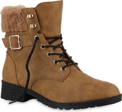 Produktbild von VAN HILL Damen Worker Boots Stiefeletten Bequeme Outdoor Kunstfell Schuhe 840725, Farbe: Hellbraun, Größe: 38