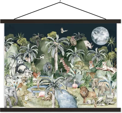Produktbild von MuchoWow® Textilposter Kinder - Dschungel - Natur - Tiere - Pflanzen 120x90 cm mit schwarzem Rahmen - Aufhänger für Poster