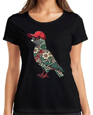 Immagine prodotto di T-shirt da donna, nero, taglia M, con motivo di una colomba che indossa un berretto da baseball, fiori di ciliegio, stile giapponese urbano, ispirazione Y2K, con immagine di un uccello