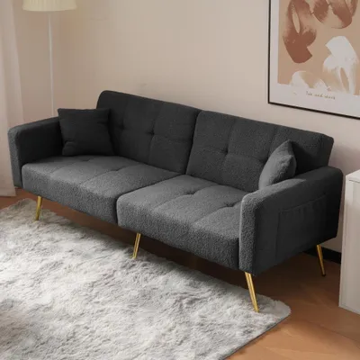 Image de Canapé convertible avec fonction lit, angle réglable (105°–180°), pieds dorés, poches latérales et coussins, revêtement en sherpa, canapé 2 places, dimensions : 175x64x72 cm, couleur gris antique