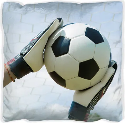 Produktbild von Wallario Premium Kissen, weiche Oberfläche, mit Motiv Fußball - Torwart im Tor vor blauem Himmel, Größe: 40 x 40 cm, mit weißer Rückseite