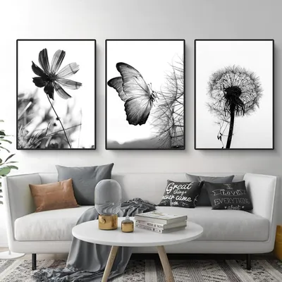 Obrázok produktu pre Čiernobiely plagát s motýľom a kvetmi sada 3 plagátov do obývačky a spálne 40x50cm
