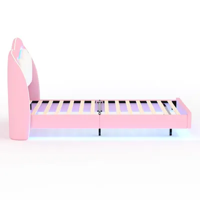 Immagine prodotto di Letto imbottito HOMAVO 90x200 cm, lettino per bambini, letto singolo con illuminazione a LED, letto imbottito in velluto con motivo a nuvole, letto sospeso