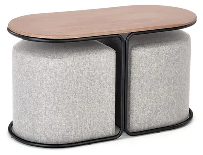 Image de Table basse Pampa, table de salon avec 2 repose-pieds, dimensions 88x43x49 cm, en noyer, gris anthracite et noir