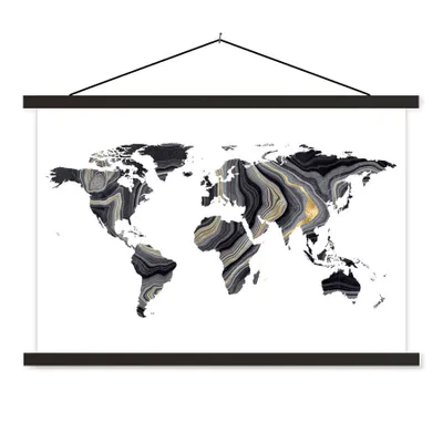 Produktbild von MuchoWow® Textilposter Weltkarte - Farbe - Gold 90x60 cm mit schwarzem Rahmen - Aufhängungssatz