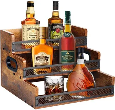 Image de Étagère à vin et à whisky en bois avec plateau de service, étagère de bar à 3 niveaux pour spiritueux, pouvant contenir 12 bouteilles, avec présentoir.
