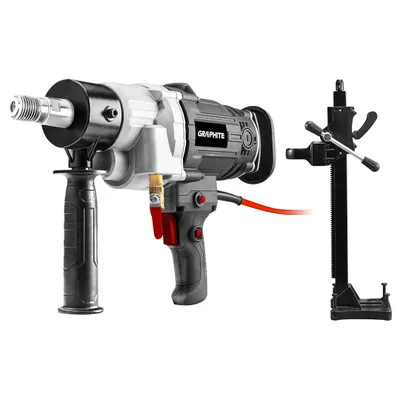 Immagine prodotto di Trapano diamantato GRAPHITE 2.200 W; 2.000 giri/min; mandrino con diametro di 1 ¼"; accessori: stativo, impugnature, poggia spalla, foratura a umido in pietra, asfalto, cemento armato