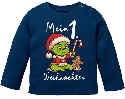 Produktbild von Baby Langarmshirt Mein 1. Weihnachten Weihnachtsoutfit Spruch Grinch Rentier Jungen Mädchen Longsleeve Moonworks® Grinch navy 68/74 (4-9 Monate)