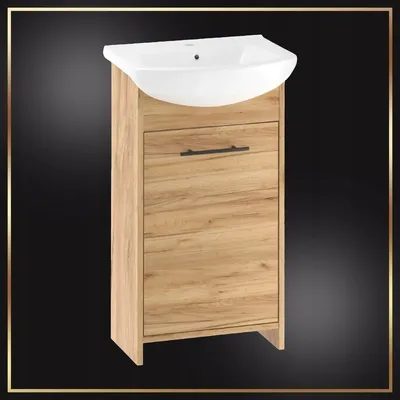 Produktbild von Stamar | Badezimmerschrank Freistehender, mit Waschbecken, Eiche Gold, 45 cm, mit schwarzem Wasserhahn und Siphon