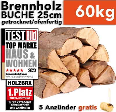 Produktbild von Brennholz Kaminholz Feuerholz Buche 60kg im Karton / 25cm Länge ofenfertig gesägt gespalten getrocknet (firewood beech / bois de chauffage hêtre) HOLZBRX