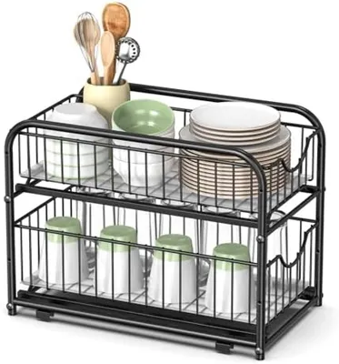 Produktbild von PolkaHome® Küchenschrank-Organizer, Aufbewahrungssystem mit 2 Ebenen, stapelbar und erweiterbar, 21 x 36 x 27 cm, Schwarz
