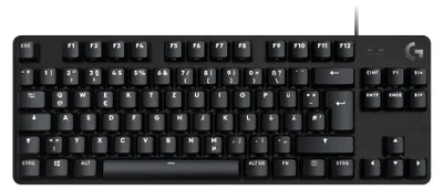 A black Logitech G413 TKL gaming keyboard is shown from a top-down perspective.