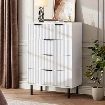 Image de Commode avec 5 tiroirs - Moderne, en bois, avec pieds en métal et design de panneaux ondulés