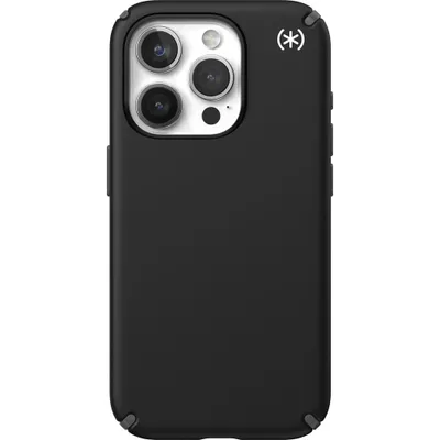 A black Speck Presidio2 Pro phone case for an iPhone 15 Pro is shown against a white background.