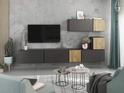 Produktbild von Wohnwand VARIANTO 2 Schrank Set 7 tlg., 266 cm, anthrazit matt / Evoke Eiche / anthrazit matt M2, grifflos, stehend und hängend