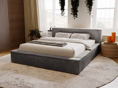 Obrázek produktu pro GRAINGOLD Ložnicová postel 140x200 Lago - Lamelový rošt, čelo, manšestrová látka - Manželská postel s podnožkou - Čalouněná postel - Tmavě šedá - Vito 16