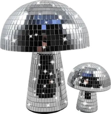 Immagine prodotto di Set da 2 funghi da discoteca Relaxdays, funghi decorativi in vetro a specchio, 2 misure, funghi glitterati per decorazioni da festa, palla da discoteca a specchio, argento