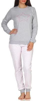 Produktbild von Kuscheliger Damen Pyjama mit Bündchen, gestreifter Hose und Sternmotiv - auch in Übergrössen ; grau-melange , 56