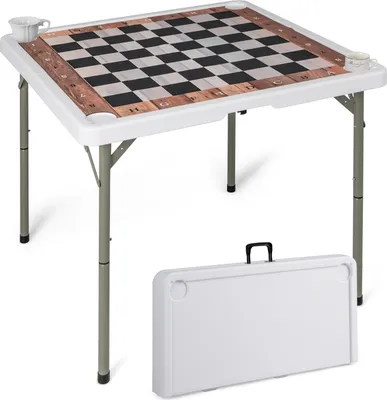 A folding card table with a chessboard pattern on top, shown with a folded table in the foreground.
