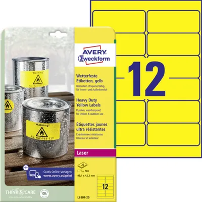 Produktbild von Avery Zweckform L6107-20 Wetterfeste Folien-Etiketten, 99,1 x 42,3 mm, 20 Bogen/240 Etiketten, gelb