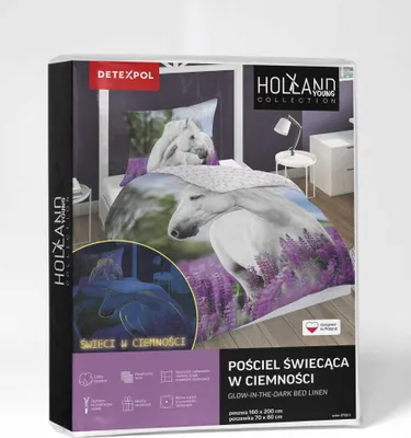The image shows the packaging of a bedding set with a horse and lavender design. The packaging is displayed at an angle, with the front and side visible. There is a smaller inset image on the side of the packaging that shows the bedding glowing in the dark